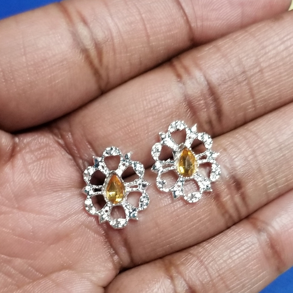 Silver & Yellow Stud rhinestone Earrings